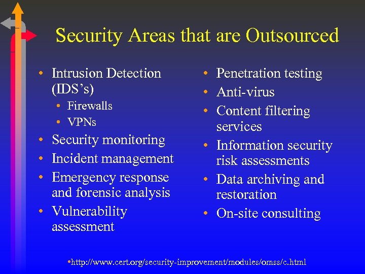 Security Areas that are Outsourced • Intrusion Detection (IDS’s) • Firewalls • VPNs •