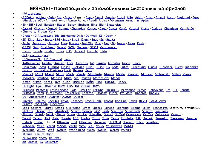  • • • • • • • БРЭНДЫ - Производители автомобильных смазочных материалов