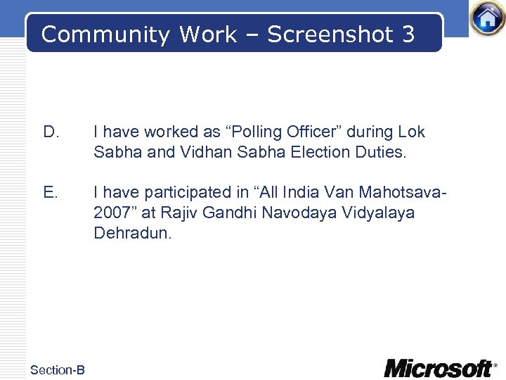 Community Work – Screenshot 3 D. I have worked as “Polling Officer” during Lok