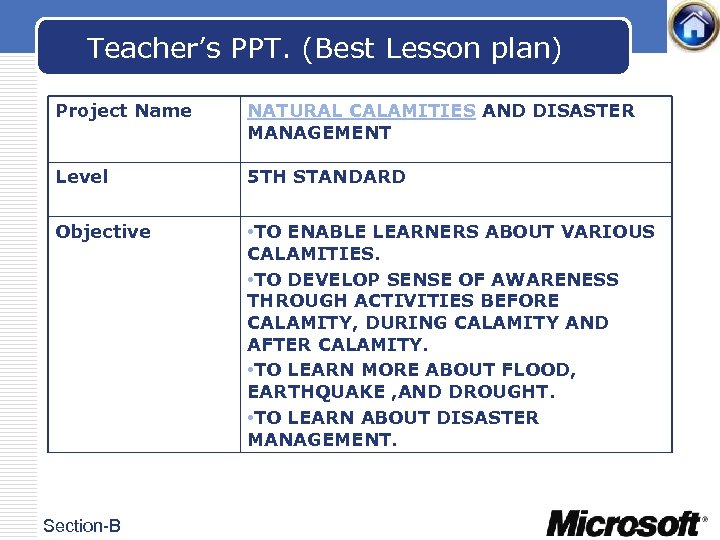 Teacher’s PPT. (Best Lesson plan) Project Name NATURAL CALAMITIES AND DISASTER MANAGEMENT Level 5