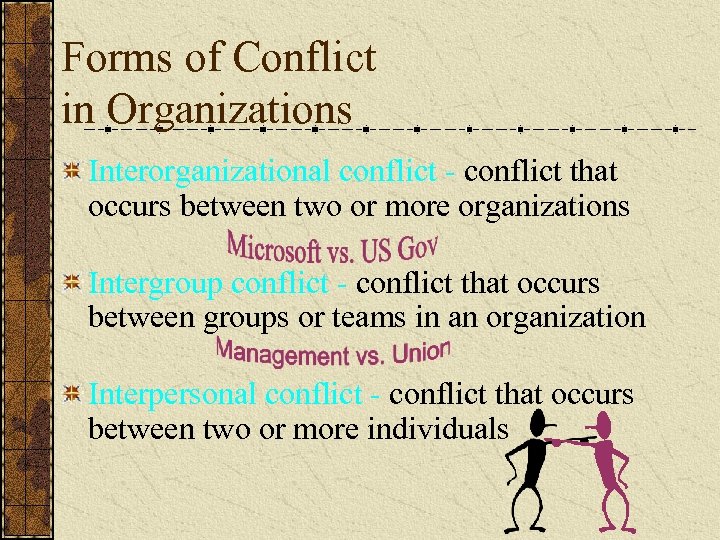 Forms of Conflict in Organizations Interorganizational conflict - conflict that occurs between two or