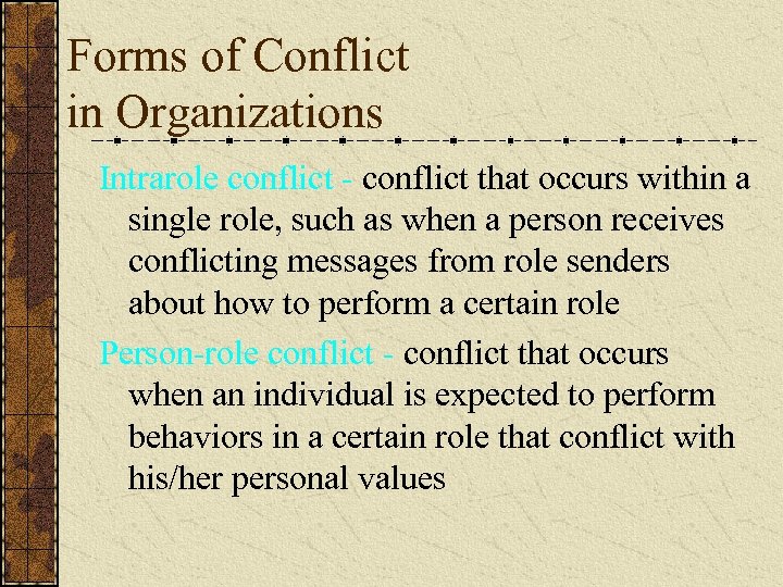 Forms of Conflict in Organizations Intrarole conflict - conflict that occurs within a single