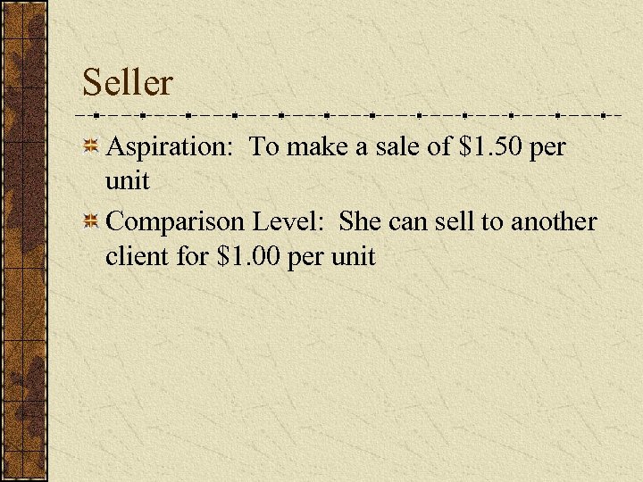 Seller Aspiration: To make a sale of $1. 50 per unit Comparison Level: She