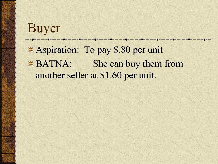 Buyer Aspiration: To pay $. 80 per unit BATNA: She can buy them from