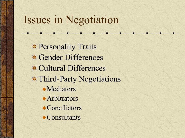Issues in Negotiation Personality Traits Gender Differences Cultural Differences Third-Party Negotiations Mediators Arbitrators Conciliators