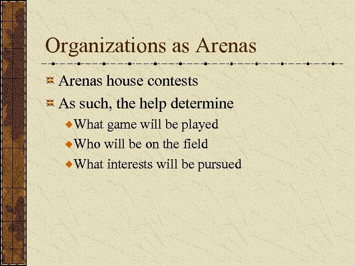 Organizations as Arenas house contests As such, the help determine What game will be