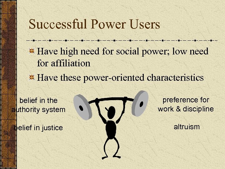 Successful Power Users Have high need for social power; low need for affiliation Have