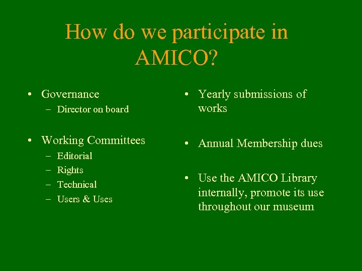 How do we participate in AMICO? • Governance – Director on board • Working