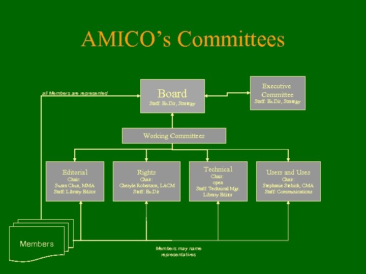 AMICO’s Committees Executive Committee Board all Members are represented Staff: Ex. Dir, Strategy Working