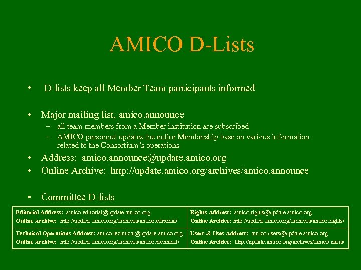 AMICO D-Lists • D-lists keep all Member Team participants informed • Major mailing list,