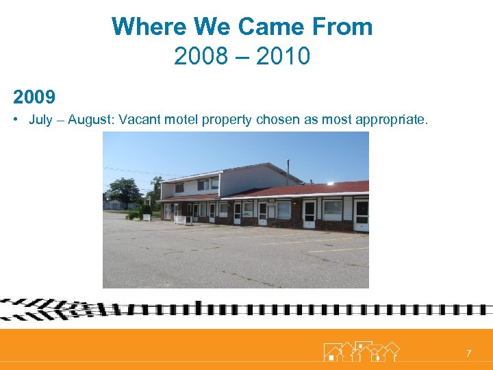 Where We Came From 2008 – 2010 2009 • July – August: Vacant motel
