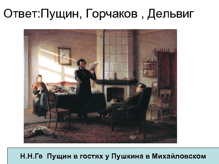 Ответ: Пущин, Горчаков , Дельвиг Н. Н. Ге Пущин в гостях у Пушкина в