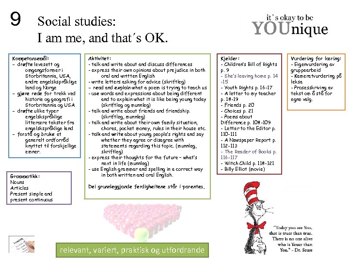 9 Social studies: I am me, and that´s OK. Kompetansemål: - drøfte levesett og