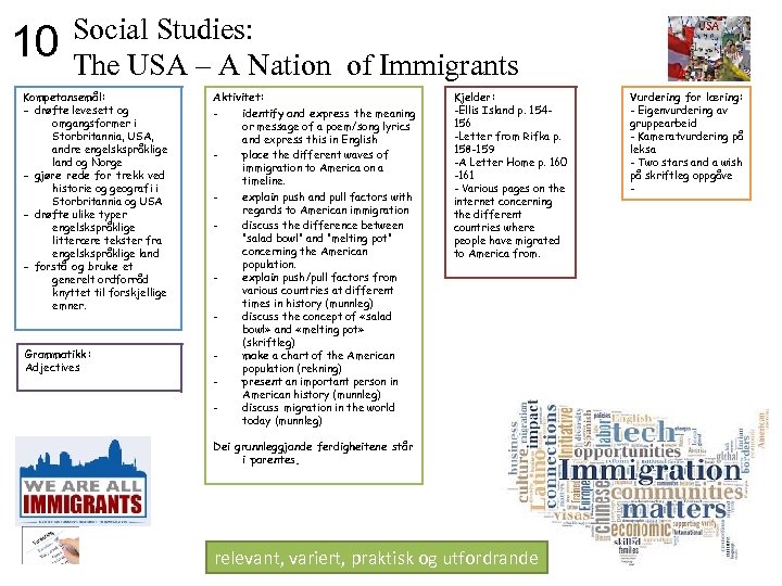 10 Social Studies: The USA – A Nation of Immigrants Kompetansemål: - drøfte levesett