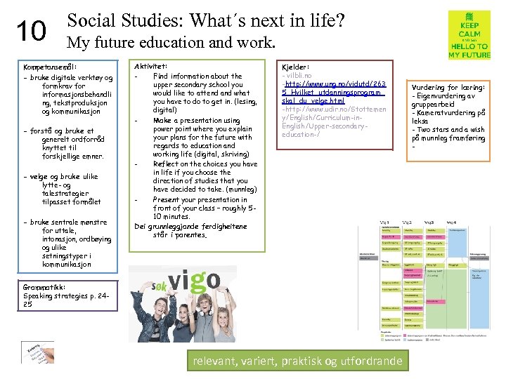 10 Social Studies: What´s next in life? My future education and work. Kompetansemål: -
