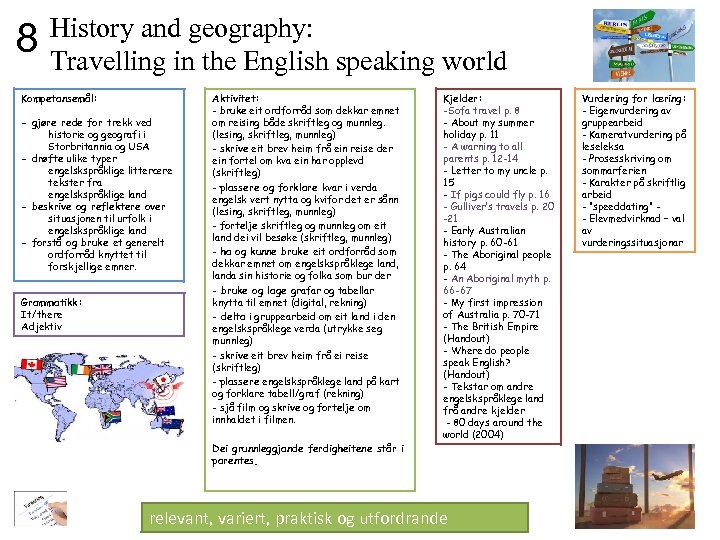 8 History andingeography: speaking world Travelling the English Kompetansemål: - gjøre rede for trekk