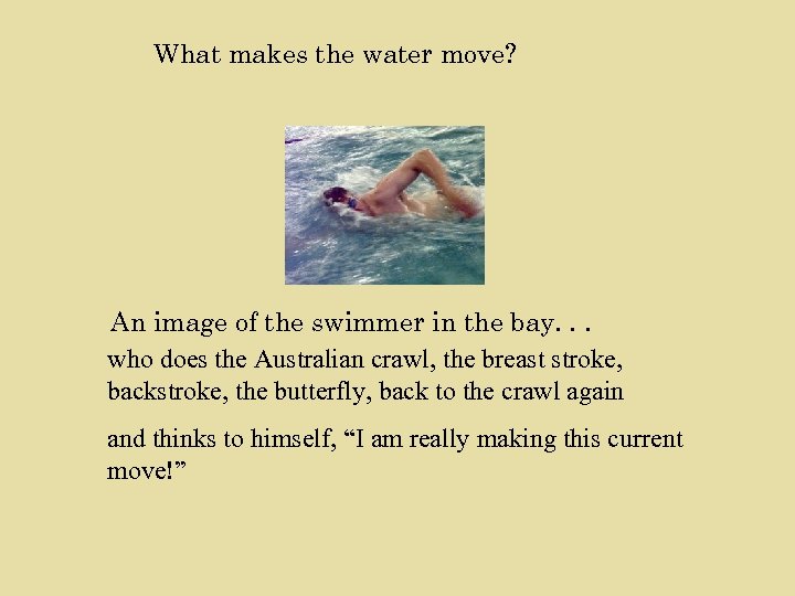 What makes the water move? An image of the swimmer in the bay. .