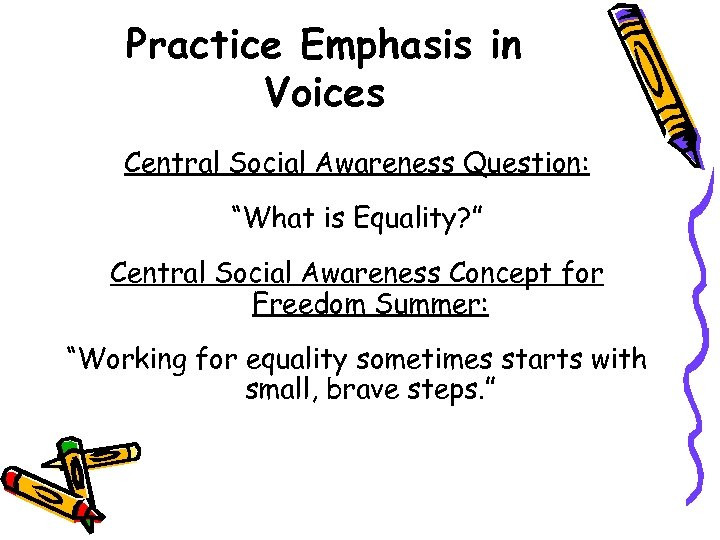 Practice Emphasis in Voices Central Social Awareness Question: “What is Equality? ” Central Social