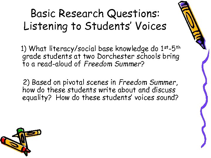 Basic Research Questions: Listening to Students’ Voices 1) What literacy/social base knowledge do 1