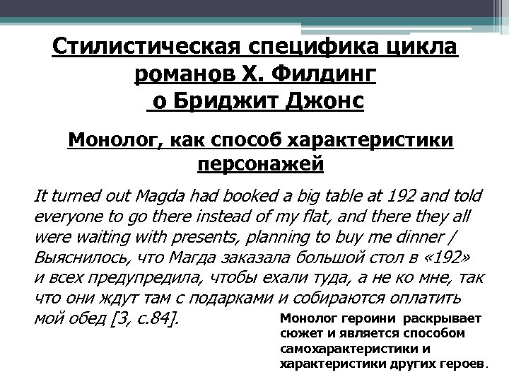 Стилистическая специфика цикла романов Х. Филдинг о Бриджит Джонс Монолог, как способ характеристики персонажей