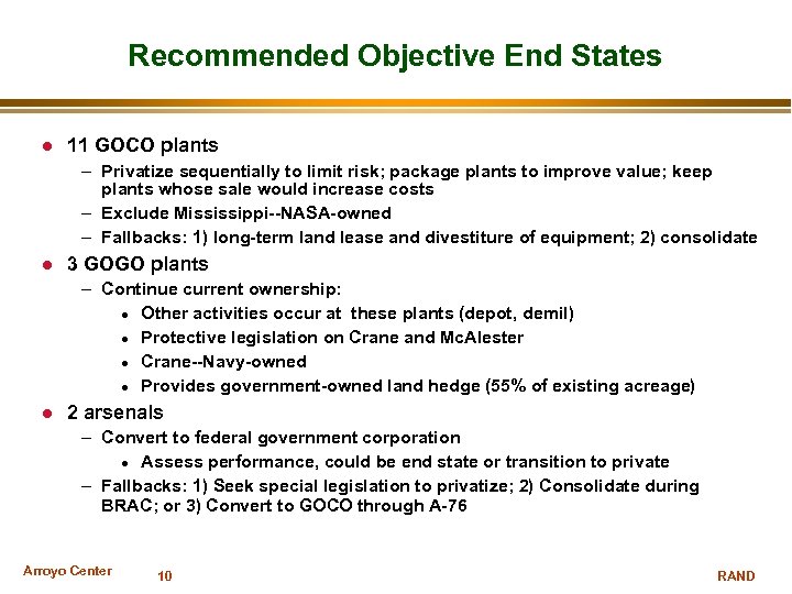 Recommended Objective End States 11 GOCO plants – Privatize sequentially to limit risk; package