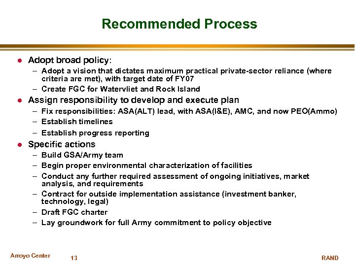 Recommended Process Adopt broad policy: – Adopt a vision that dictates maximum practical private-sector