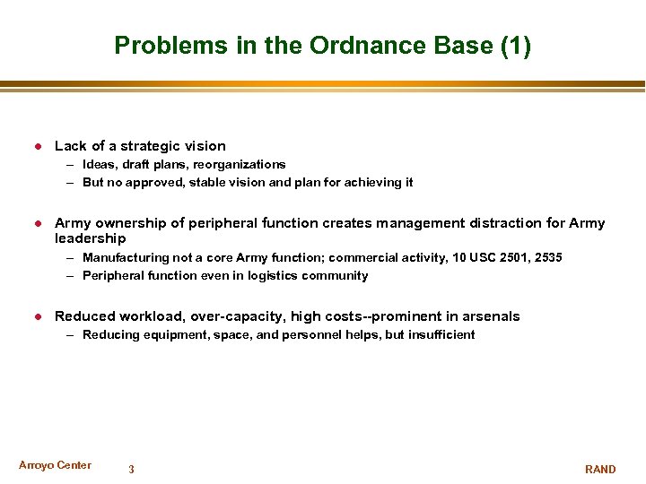 Problems in the Ordnance Base (1) Lack of a strategic vision – Ideas, draft