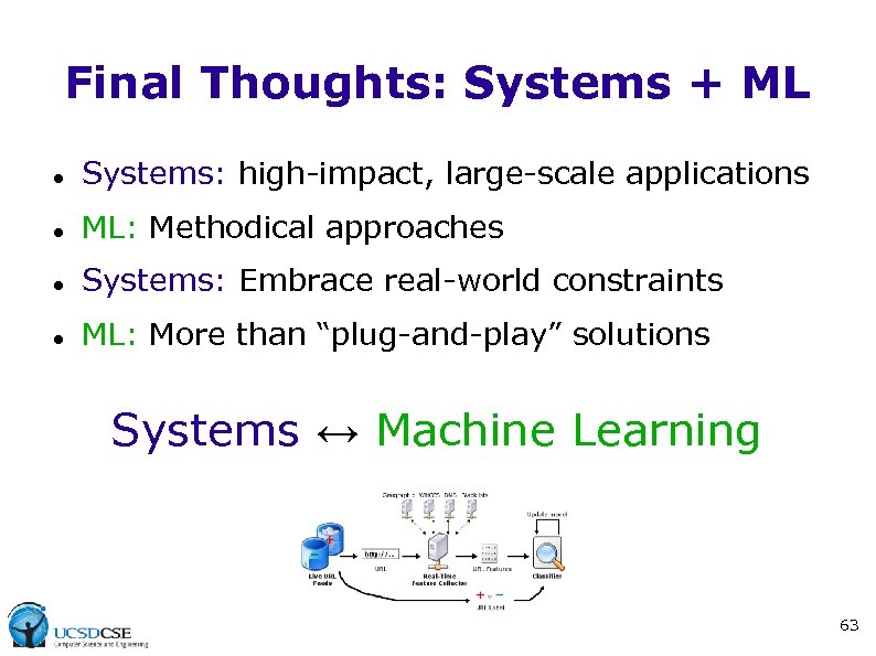 Final Thoughts: Systems + ML Systems: high-impact, large-scale applications ML: Methodical approaches Systems: Embrace