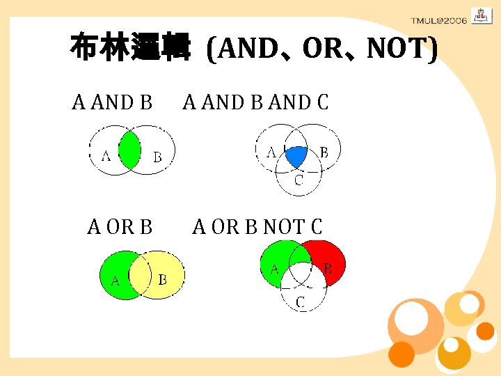 布林邏輯 (AND、 OR、 NOT) A AND B AND C A OR B NOT C