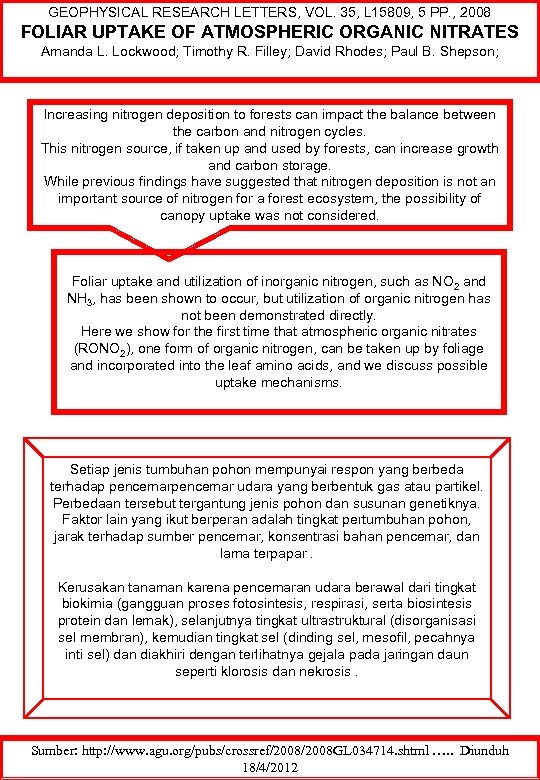 GEOPHYSICAL RESEARCH LETTERS, VOL. 35, L 15809, 5 PP. , 2008 FOLIAR UPTAKE OF