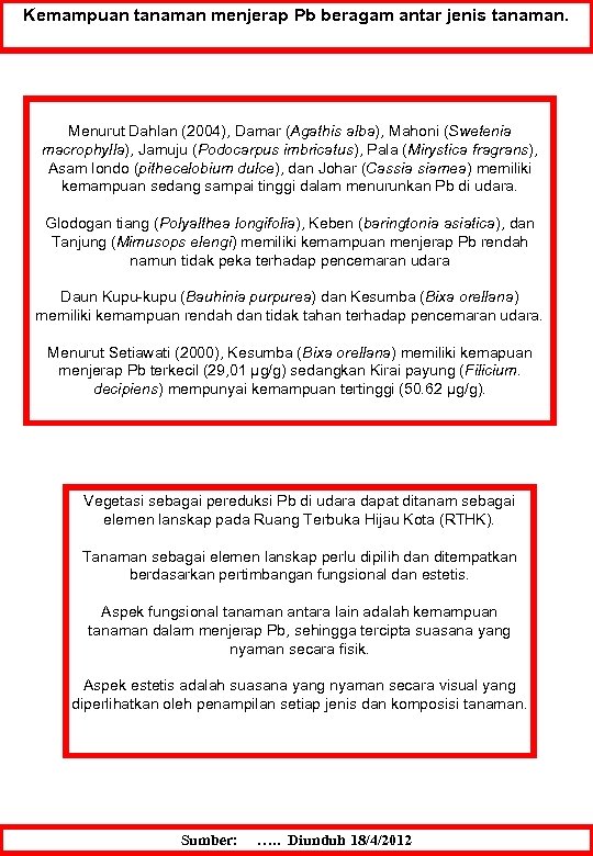 Kemampuan tanaman menjerap Pb beragam antar jenis tanaman. Menurut Dahlan (2004), Damar (Agathis alba),