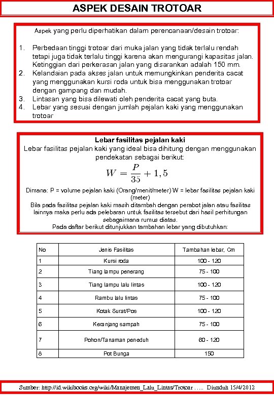 ASPEK DESAIN TROTOAR Aspek yang perlu diperhatikan dalam perencanaan/desain trotoar: 1. 2. 3. 4.