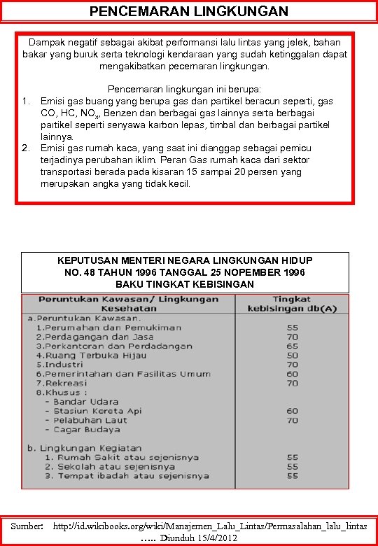 PENCEMARAN LINGKUNGAN Dampak negatif sebagai akibat performansi lalu lintas yang jelek, bahan bakar yang