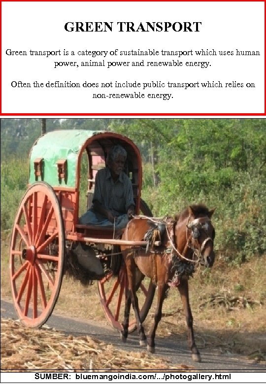 GREEN TRANSPORT Green transport is a category of sustainable transport which uses human power,