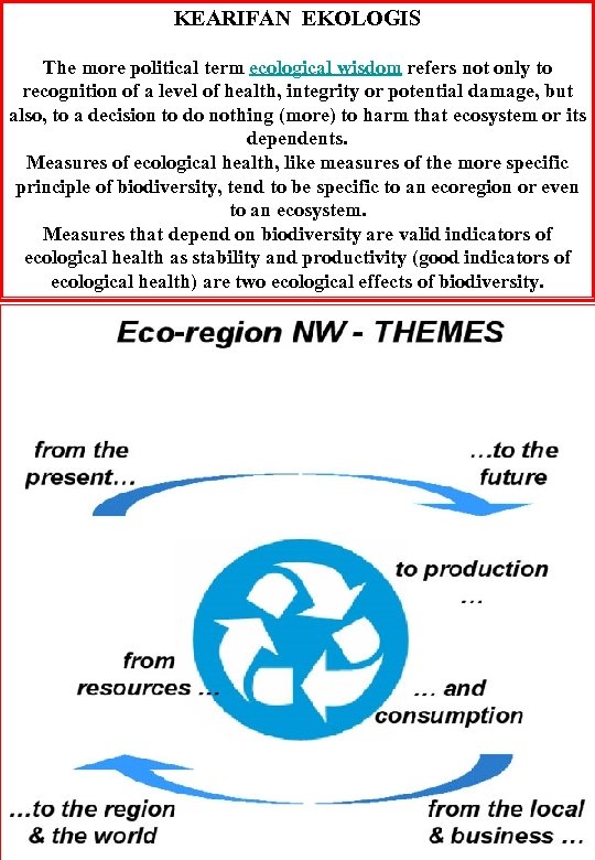 KEARIFAN EKOLOGIS The more political term ecological wisdom refers not only to recognition of