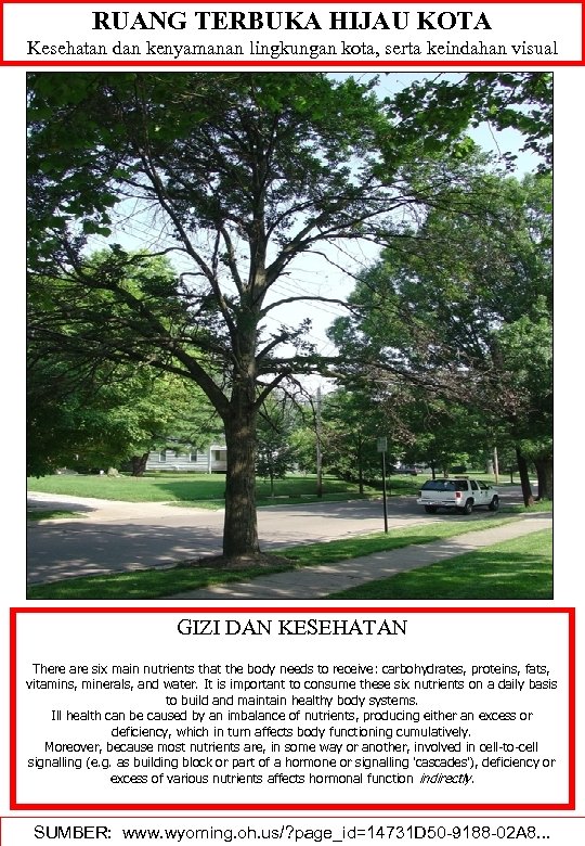 RUANG TERBUKA HIJAU KOTA Kesehatan dan kenyamanan lingkungan kota, serta keindahan visual GIZI DAN