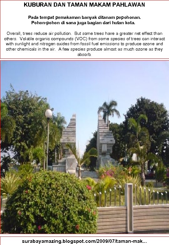 KUBURAN DAN TAMAN MAKAM PAHLAWAN Pada tempat pemakaman banyak ditanam pepohonan. Pohon-pohon di sana