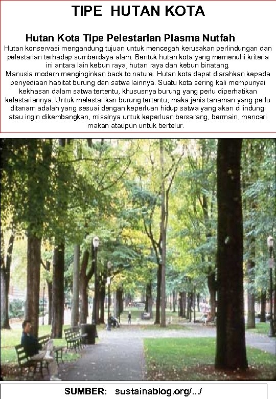 TIPE HUTAN KOTA Hutan Kota Tipe Pelestarian Plasma Nutfah Hutan konservasi mengandung tujuan untuk