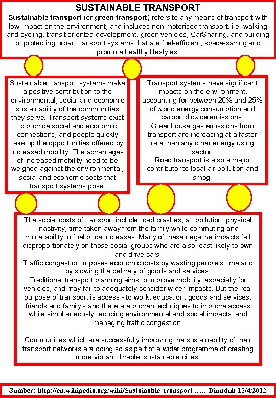 SUSTAINABLE TRANSPORT Sustainable transport (or green transport) refers to any means of transport with