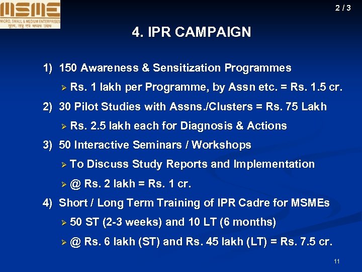 2/3 4. IPR CAMPAIGN 1) 150 Awareness & Sensitization Programmes Ø Rs. 1 lakh