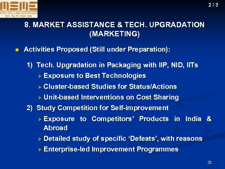 2/3 8. MARKET ASSISTANCE & TECH. UPGRADATION (MARKETING) n Activities Proposed (Still under Preparation):