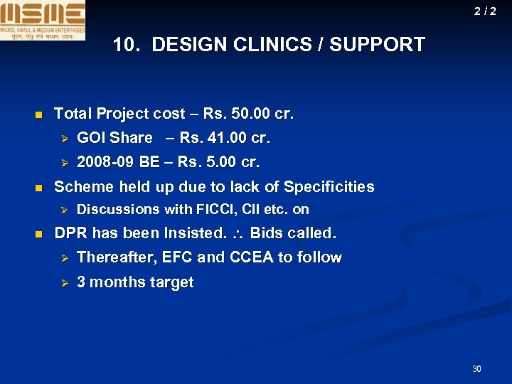2/2 10. DESIGN CLINICS / SUPPORT n Total Project cost – Rs. 50. 00