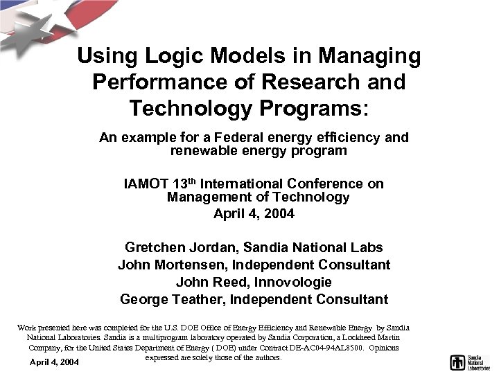 Using Logic Models in Managing Performance of Research and Technology Programs: An example for