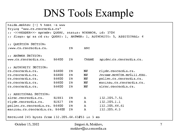 DNS Tools Example haida. mokhov [~] % host -a www Trying 