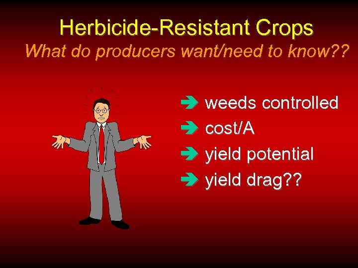 Herbicide-Resistant Crops What do producers want/need to know? ? â weeds controlled â cost/A