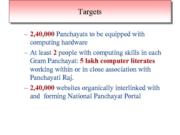 Targets – 2, 40, 000 Panchayats to be equipped with computing hardware – At