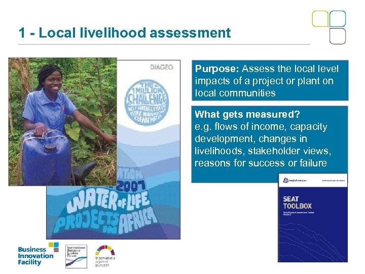 1 - Local livelihood assessment Purpose: Assess the local level impacts of a project