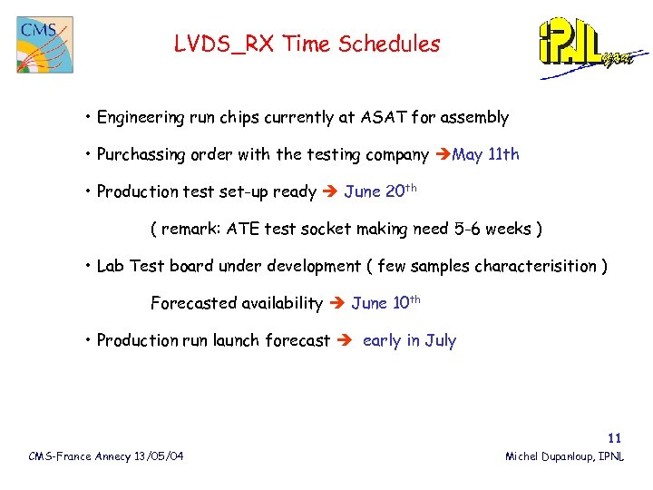 LVDS_RX Time Schedules • Engineering run chips currently at ASAT for assembly • Purchassing