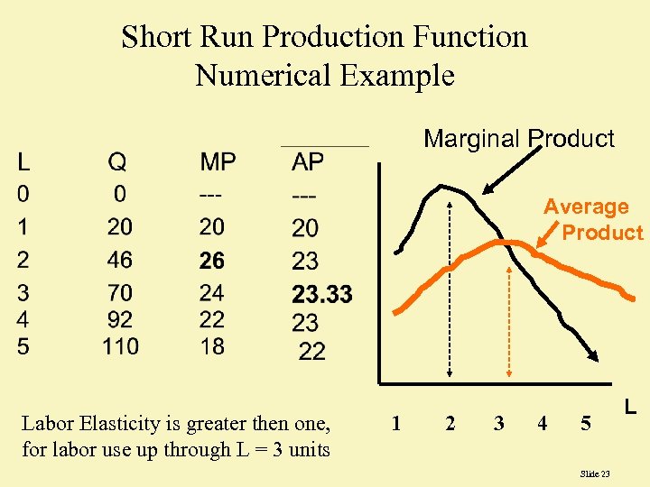 Short Run Production Function Numerical Example Marginal Product Average Product Labor Elasticity is greater