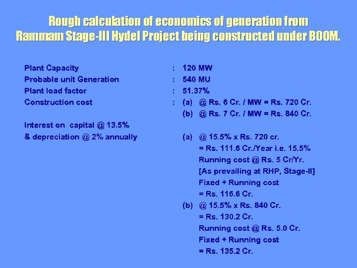 Rough calculation of economics of generation from Rammam Stage-III Hydel Project being constructed under